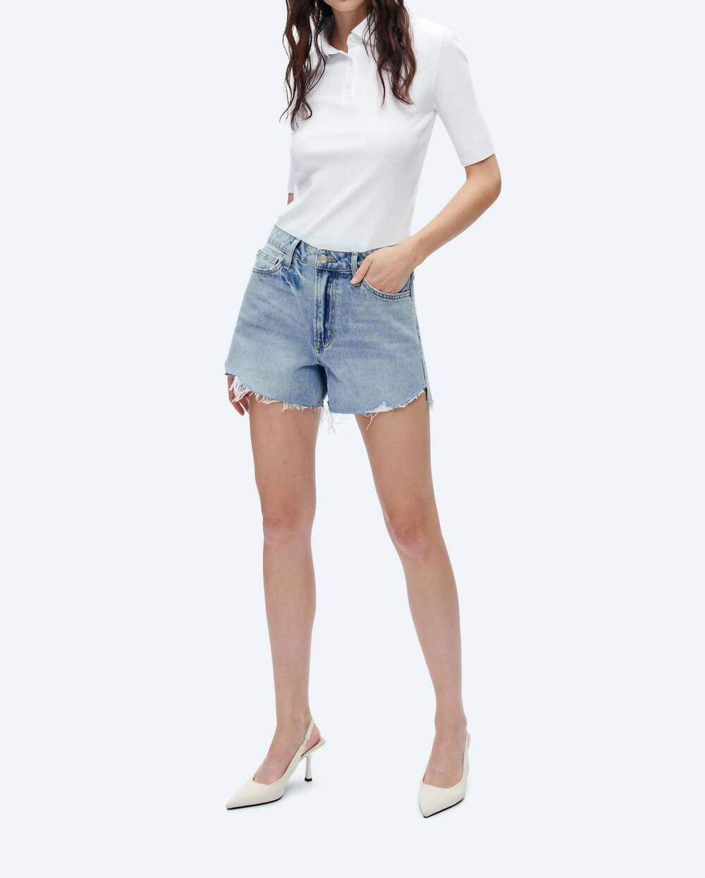 NEW BAYEAS kelly high rise raw hem denim shorts in baby blue